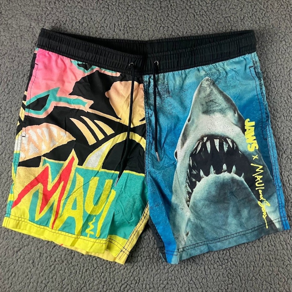 Maui and Sons x JAWS Mens XL Shark Retro Neon Swim Trunks Board Shorts